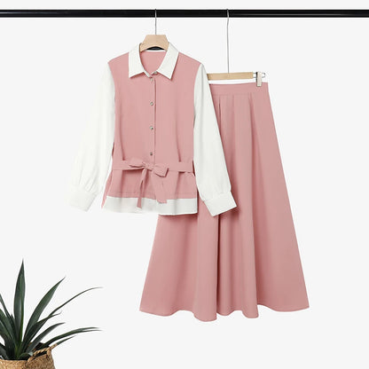 ZANZEA Autumn Outfits Elegant Long Sleeve Patchwork Blouse A Line Pleated Maxi Skirt Suit Women Muslim Two Piece Sets Ramadan