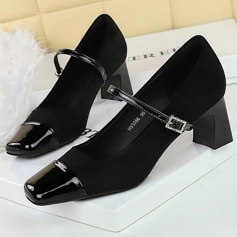 BIGTREE Shoes Leopard Print Women Pumps Suede Middle Heel Shoes Sexy Mary Jane Shoes Rhinestone Buckle Ladies Shoes Square Head
