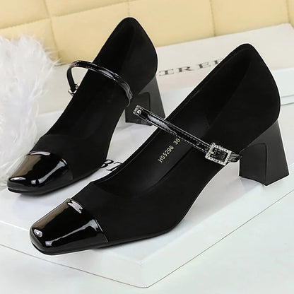BIGTREE Shoes Leopard Print Women Pumps Suede Middle Heel Shoes Sexy Mary Jane Shoes Rhinestone Buckle Ladies Shoes Square Head