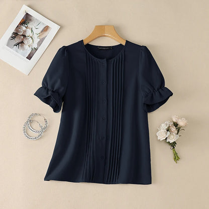 ZANZEA Women Elegant Pintuck Detailing Blouses Summer Casual Short Sleeve Tops Commute Solid Color O-Neck Button Up Blusas Mujer