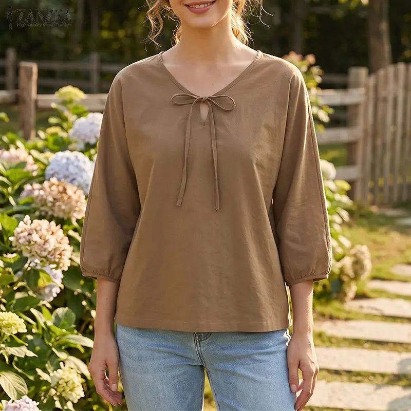Summer Autumn Solid Color Tops ZANZEA Casual V Neck Blusas Women Blouse OL Work Tee 3/4 Sleeve Tunic Lace-up Streetwear Oversize