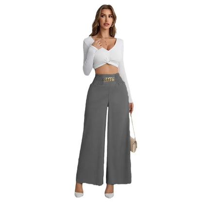 New Women's Trousers Thin High Waist Chain Elastic Waist Khaki Elegant Office Black Casual Wide-leg Pants for Female