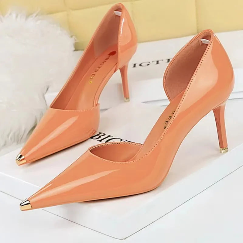 BIGTREE Shoes Black Patent Leather High Heels Metal Pointed Women Pumps Sexy Party Shoes Stilettos Women 7 Cm 10.5cm Heels