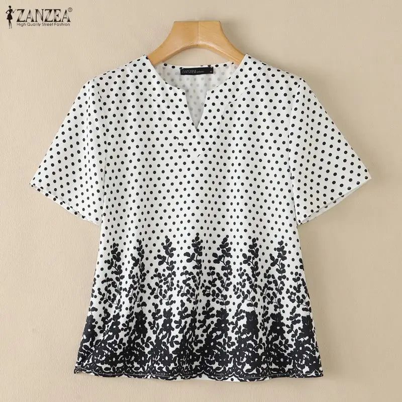 ZANZEA Women Blouse Short Sleeve Top Loose Elegant Office Casual V-Neck Polka Dot Summer Blusas Streetwear Tunic Tee