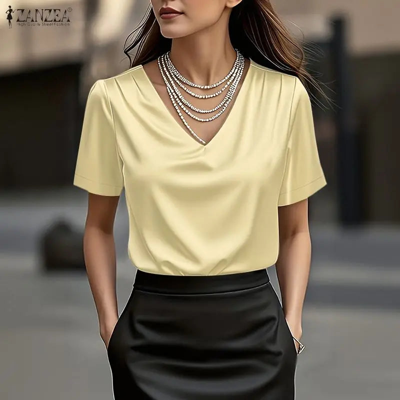 ZANZEA Women's Elegant Chic Satin Silk Blouses V-Neck Short Sleeve Pleated Detail Pullover Tops Minimalist Solid Blusas de Mujer