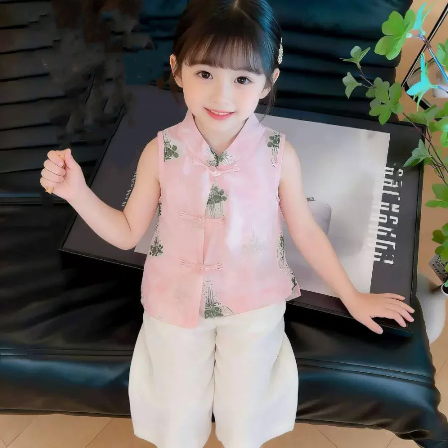 Fashion Chinese Tops Pants Girl Suit Casual Costume Kids Clothes Baby Outfit Summer Two-piece Set Girls Hanfu Children's Sets