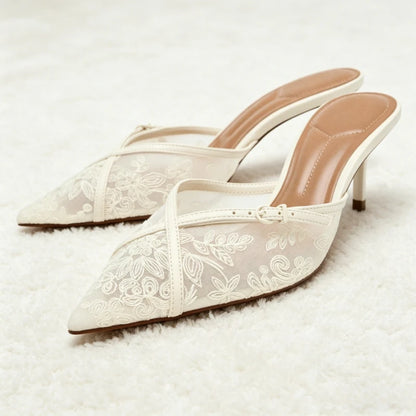 Embroidered Mesh Mules Sandals Women Sexy Pointed-toe Stilettos Slippers for Ladies Breathable High Heels Elegant Party Shoes
