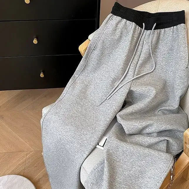 Women's Color Block Waistband Wide Leg Sweatpants Drawstring Casual Straight Leg Trousers
