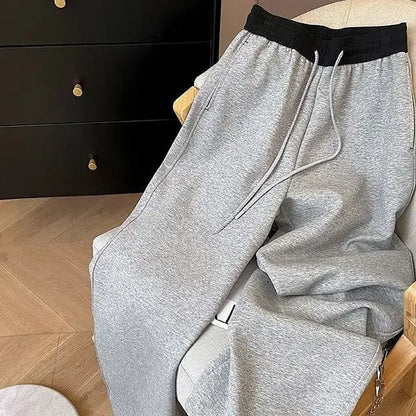Women's Color Block Waistband Wide Leg Sweatpants Drawstring Casual Straight Leg Trousers
