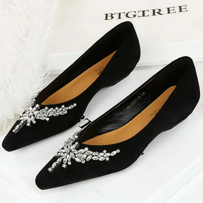 BIGTREE Shoes Rhinestone Chain Decoration Low Heeled Women's Shoes Suede Wedge Heel Shoes Pointed Tip Retro Wedges Ladies Shoes