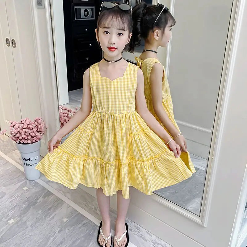 Backless Plaid Skirt Dresses Girls From 8 To 14 Years Holiday Dress 2025 Sets for Children Teen Girl Clothes Kid's Elegant Pink