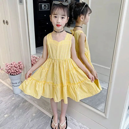Backless Plaid Skirt Dresses Girls From 8 To 14 Years Holiday Dress 2025 Sets for Children Teen Girl Clothes Kid's Elegant Pink