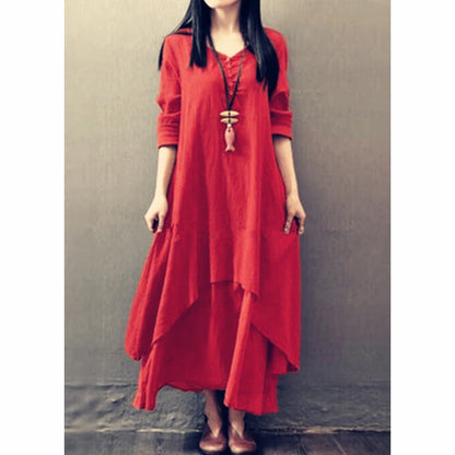 Irregular Button Women's Cotton and Linen Pocket Dress Korean Round Neck Short Sleeved Loose Solid Color Irregular Double-Layer
