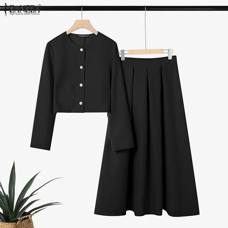 ZANZEA Fashion Women 2 Piece Sets Spring Autumn Office Outfits 2026 Elegant Long Sleeve Blouse Dress Suit Solid A Line Skirt Set