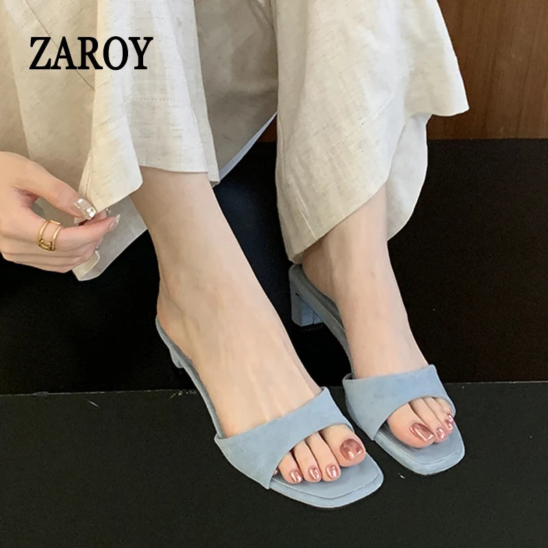 Casual Pull On Square High Heel Slippers Women Summer Footwear Suede Light Blue Backless Slide Brand Designer Party Dress Shoes