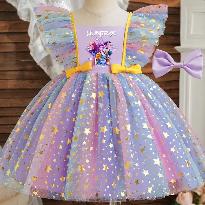 K-Pop Hunters Zoey Rumi Princess Dress for Girls Sequined Star Ruffle Bow Tutu Baby Formal Gala Prom Gown Kids Party Costume
