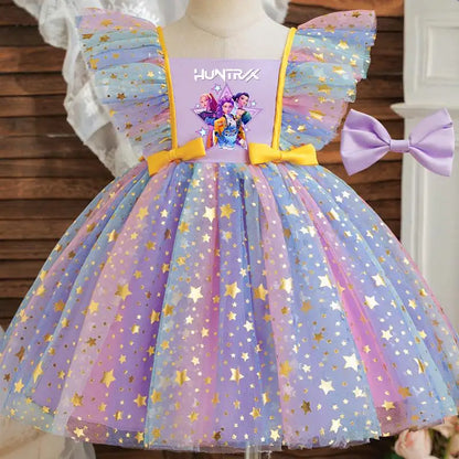 K-Pop Hunters Zoey Rumi Princess Dress for Girls Sequined Star Ruffle Bow Tutu Baby Formal Gala Prom Gown Kids Party Costume