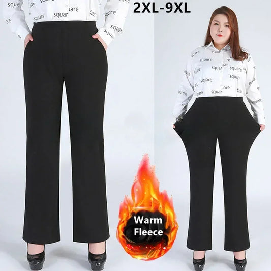 Winter Formal Pants Elegant Women Warm Fleece Plus Size 9XL 6XL 5XL Girls High Waisted Straight Trousers Office Business Clothes