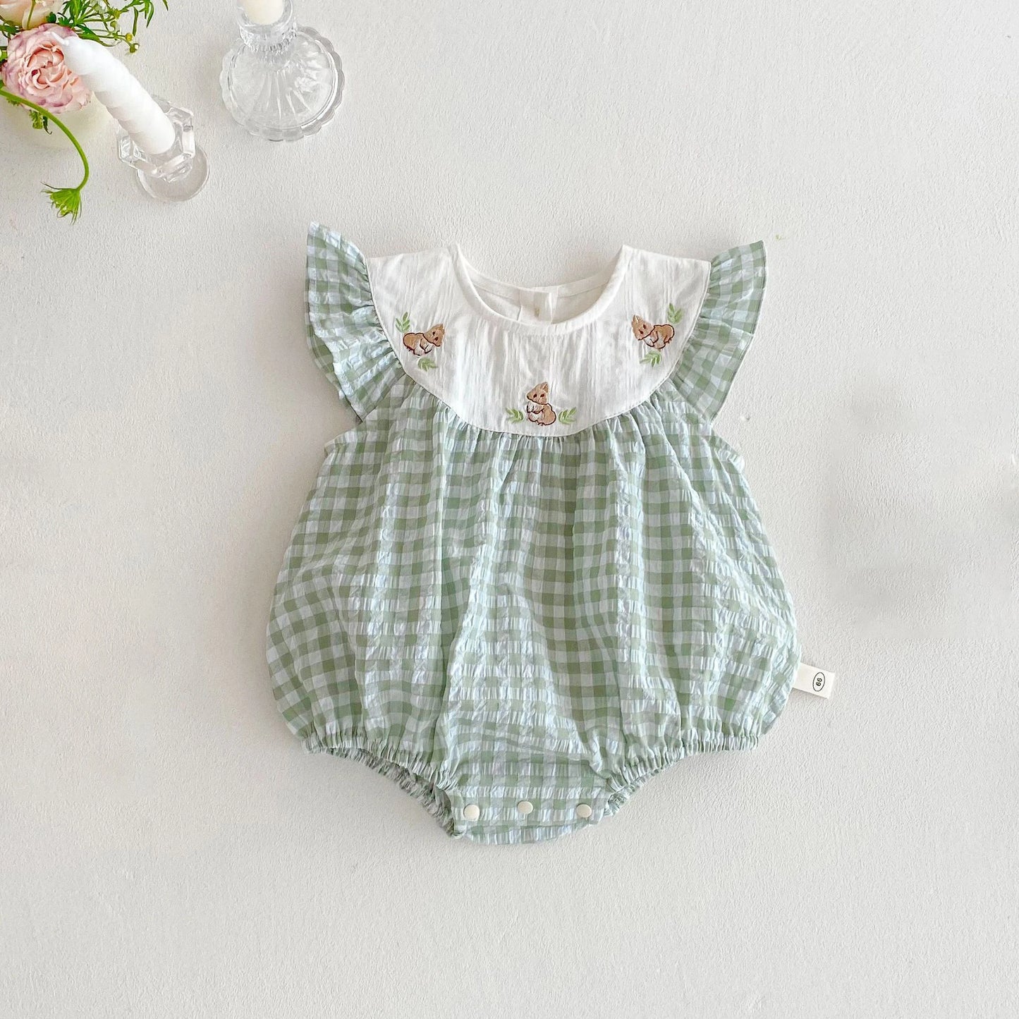 Baby Kid's Summer Plaid Dress 0-5Y Cute Embroidered Bunny Flying Sleeve Children's Dresses Sisters Clothing Baby Girls Bodysuit