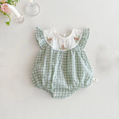 Baby Kid's Summer Plaid Dress 0-5Y Cute Embroidered Bunny Flying Sleeve Children's Dresses Sisters Clothing Baby Girls Bodysuit