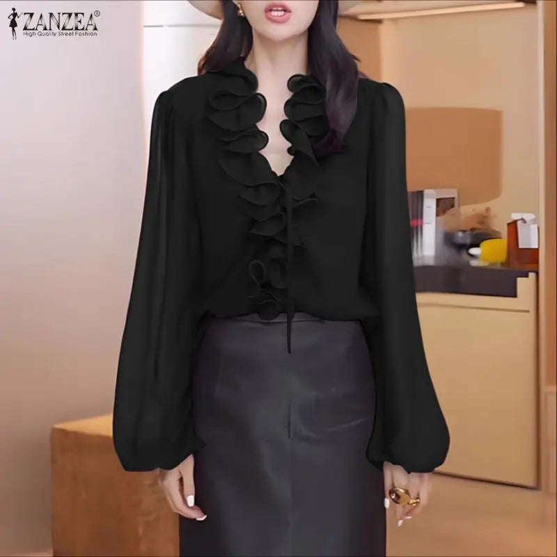ZANZEA Women's Elegant Ruffles Trim Blouses Lace-Up Detail V-Neck Lantern Sleeves Solid Color Woman Tops Fashion Female Blouse