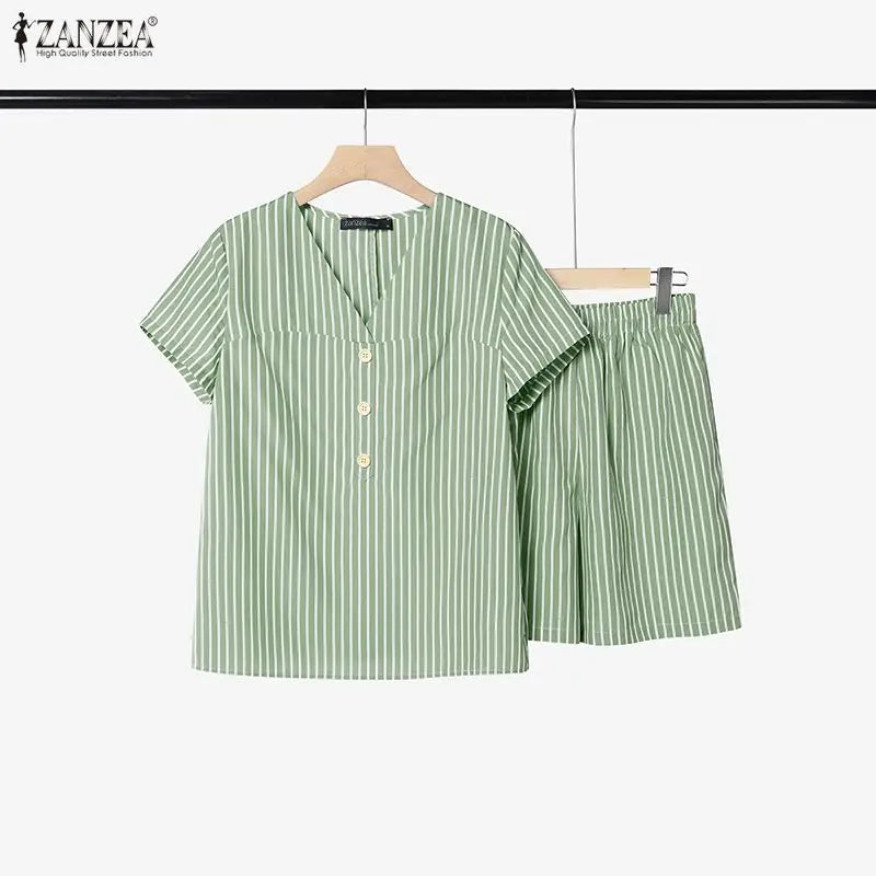 ZANZEA Fashion Summer 2 Piece Sets V Neck Short Sleeve Blouse Short Sets Women Casual Striped Outfits Holiday Tracksuit Oversize