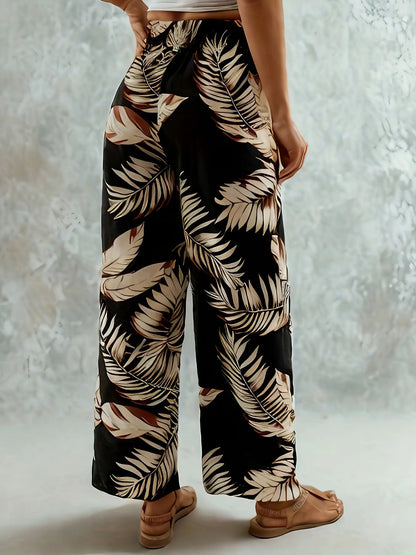 2026 Casual and Elegant Bohemian Style - Loose and Comfortable with Leaf Printed Wide Leg Elastic Waist Wide Leg Pants