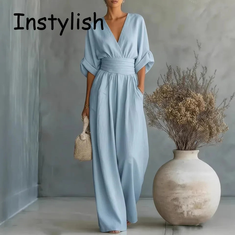 Women Elegant High Waist Jumpsuits Summer Short Sleeve Wide Leg Pants Romper Casual V Neck Solid Loose Jumpsuits Streetwear