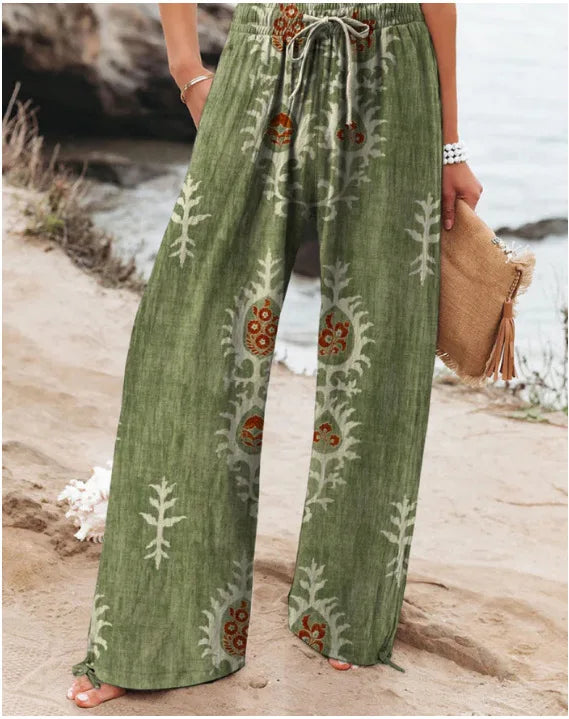 Women's New High Waist Loose Casual Wide Leg Print Pants Summer Beach EU US Style Comfy Flowy Trousers