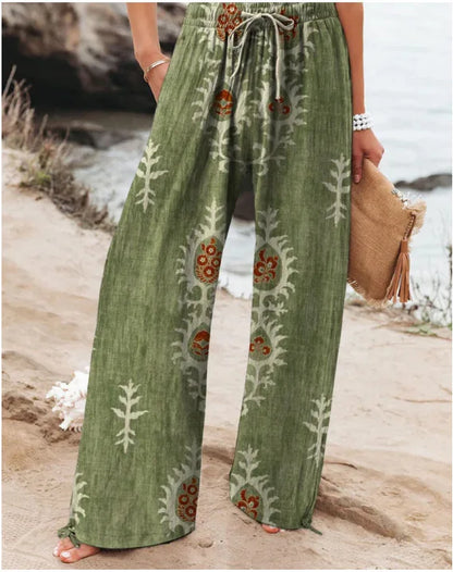 Women's New High Waist Loose Casual Wide Leg Print Pants Summer Beach EU US Style Comfy Flowy Trousers