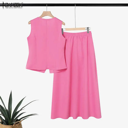 2026 ZANZEA Summer Elegant V Neck Sleeveless Shirt Dress Sets Fashion Women 2 Piece Sets Solid Outfits Stylish OL Work Suit