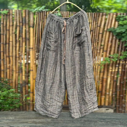 Women's Striped Linen Pants Autumn 2025 Wide Leg Vintage Style Loose Pants Pockets Breathable Woman Clothing Casual Trousers