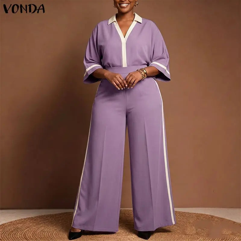VONDA Summer Autumn Women Pants Sets Fashion Patchwork Plus Size Sets Female 3/4 Sleeve Tops Wide Leg Pant  L-5XL Streetwear