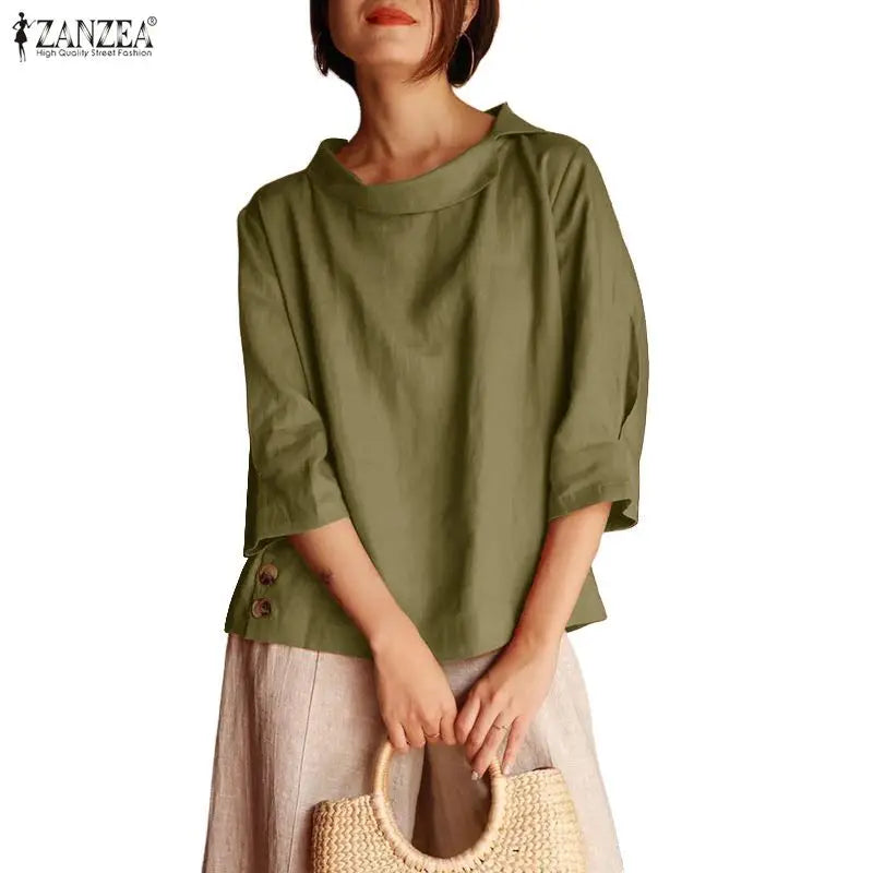 ZANZEA Woman Summer Blouses Irregular Turn-Down Collar 3/4 Sleeve Solid Color Tops Spring Summer Loose Casual Blusas de Mujer