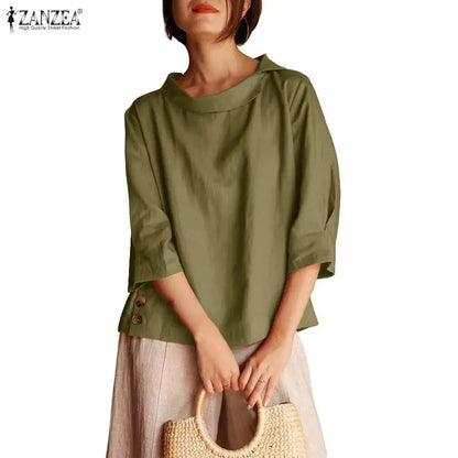 ZANZEA Woman Summer Blouses Irregular Turn-Down Collar 3/4 Sleeve Solid Color Tops Spring Summer Loose Casual Blusas de Mujer