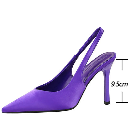 BIGTREE Shoes New Silks Satins Women Pumps Rear Strap Pointed End High Heels Stiletto Heels 9.5 Cm Summer High-Heeled Sandals