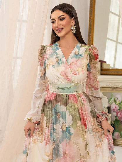 TOLEEN 2025 New Women's Cross Fashion Casual V-Neck Lantern Sleeve Random Flower Print Formal Elegant Party Long Maxi Dresses