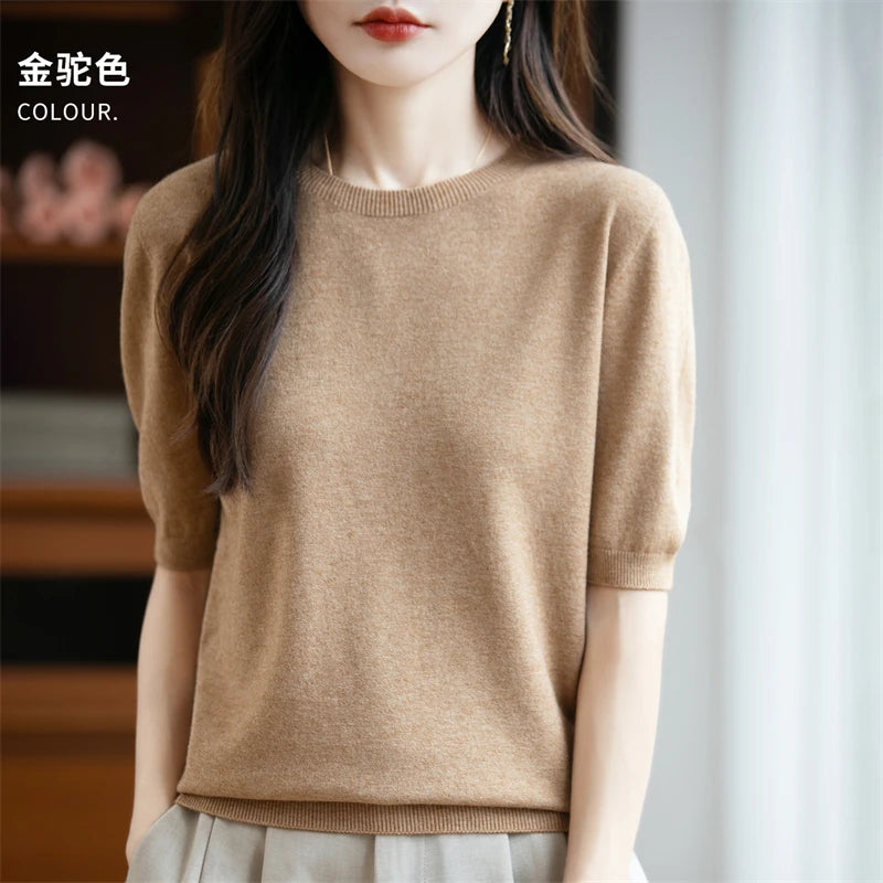 Autumn Women 100% Merino Wool Sweater O-Neck Cashmere Pullover Basic Fashion Short Sleeve Clothing Comfort Top Casual Solid