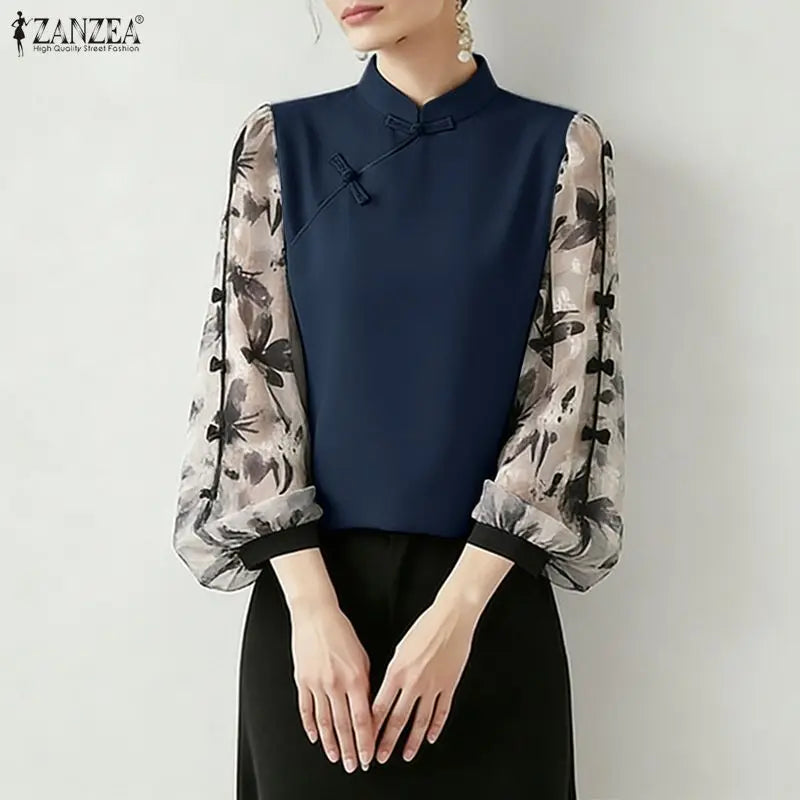 ZANZEA Summer Woman Vintage Blouses Mandarin Collar Floral Printed Puff Sleeves Bows Detail Tunic Tops Casual Blusas de Mujer