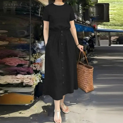ZANZEA 2026 Summer Outfits Women Dress Sets Short Sleeve Blouse Sundress Suit Elegant 2 Piece Sets Casual Solid Color Tracksuit
