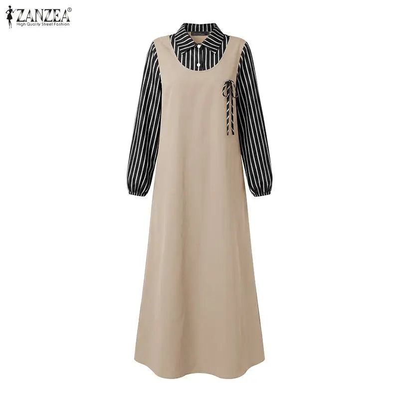 Women Stirped Patchwork Muslim Abaya Dress ZANZEA Ramadan Robe Elegant Maxi Long Dress Full Sleeve Loose Dubai Sundress Kaftan