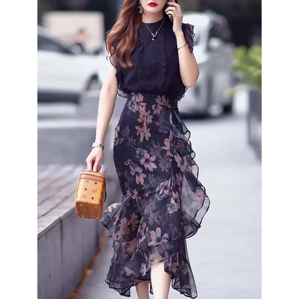 Floral Chiffon Female Skirts High Waist Ruffle Women's Skirt Irregular Vintage Clothing Sales Y2k Korean Fashion Premium Quality