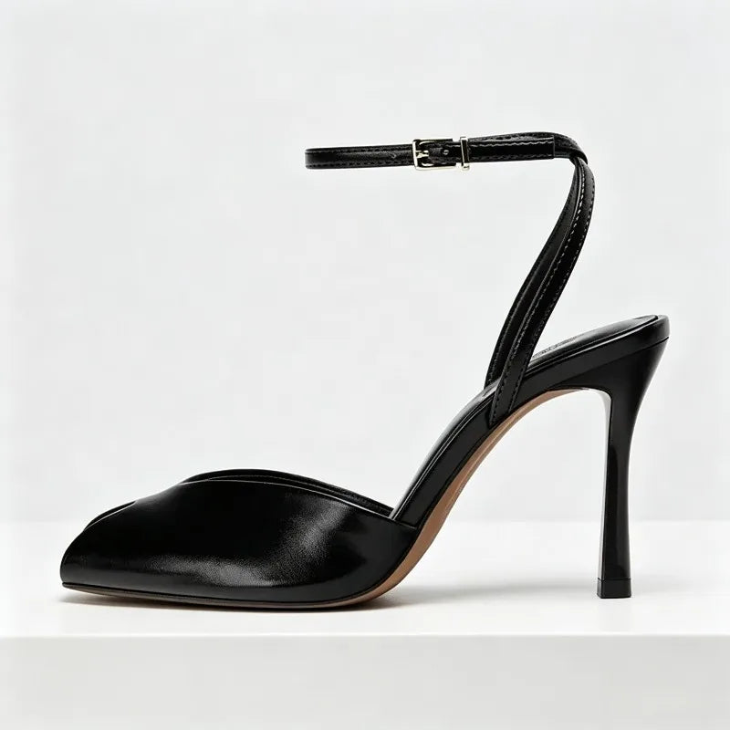 Cozy Black Soft Leather Peep Toe High Heel Sandals Women Fashion Ankle Buckle Designer Shoes Elegant Banquet Brand Dress Shoes