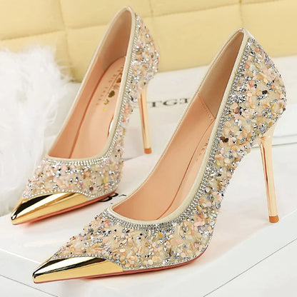 BIGTREE Shoes Rhinestone Shoe Upper Women Pumps Stiletto Heels 9.5 Cm Metal Pointed Tip High Heels Luxury Crystal Pumps Lady