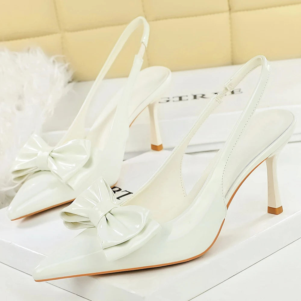 BIGTREE Shoes White Women Pumps Bowknot High Heels Patent Leather High-heeled Sandals Women Summer Shoes Stiletto Heels 8 cm