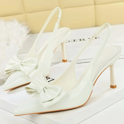 BIGTREE Shoes White Women Pumps Bowknot High Heels Patent Leather High-heeled Sandals Women Summer Shoes Stiletto Heels 8 cm