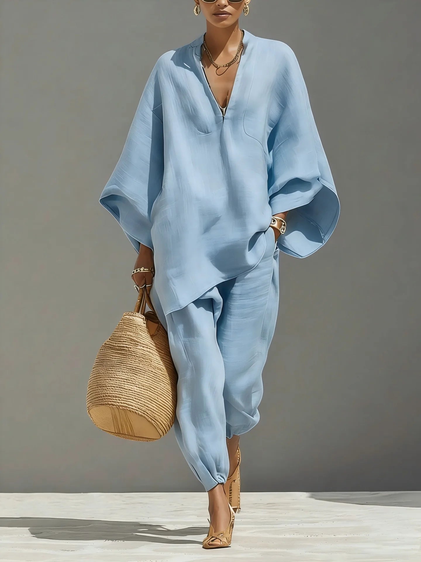 European and American Relaxation Solid Color V-neck Bat Sleeve Loose Top + Bow Leg Casual Pants Holiday Style Elegant Suit