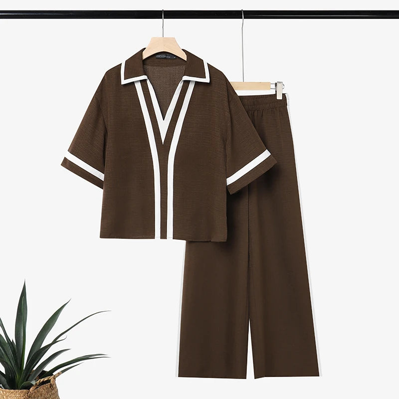 ZANZEA Patchwork 2 Pieces Sets OL Style Fashion Women Pants Sets Turn Down Collar Half Sleeve Shirt Trousers Suit Casual Outfits