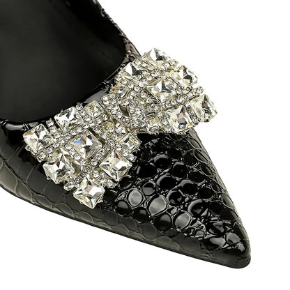 BIGTREE Shoes White High-Heeled Shoes 10 cm Stilettos Heels Stone Patterned Patent Leather Women Pumps Rhinestone Party Shoes
