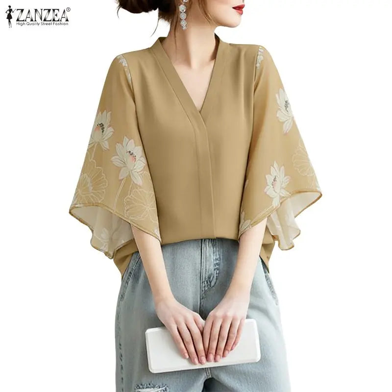 ZANZEA Floral Print Patchwork Casual Blouses for Woman V-Neck 3/4 Sleeve Blusas de Mujer Spring Summer Elegant Loose Tunic Tops